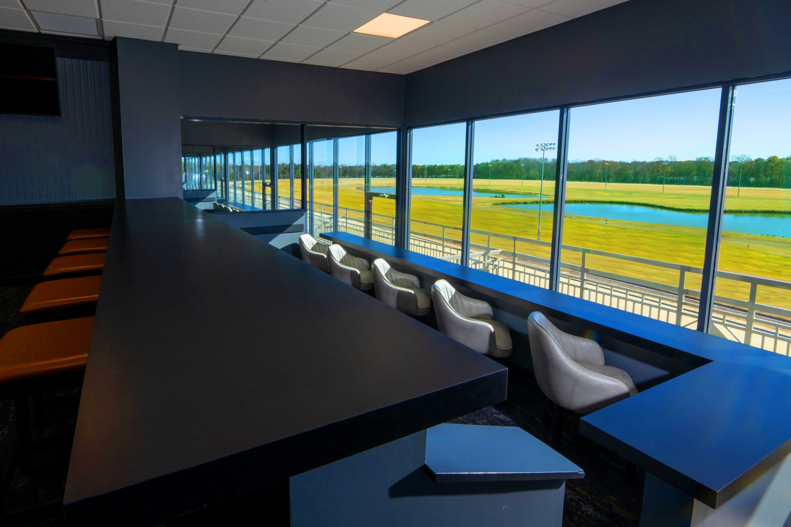 interior seating looking out on race track