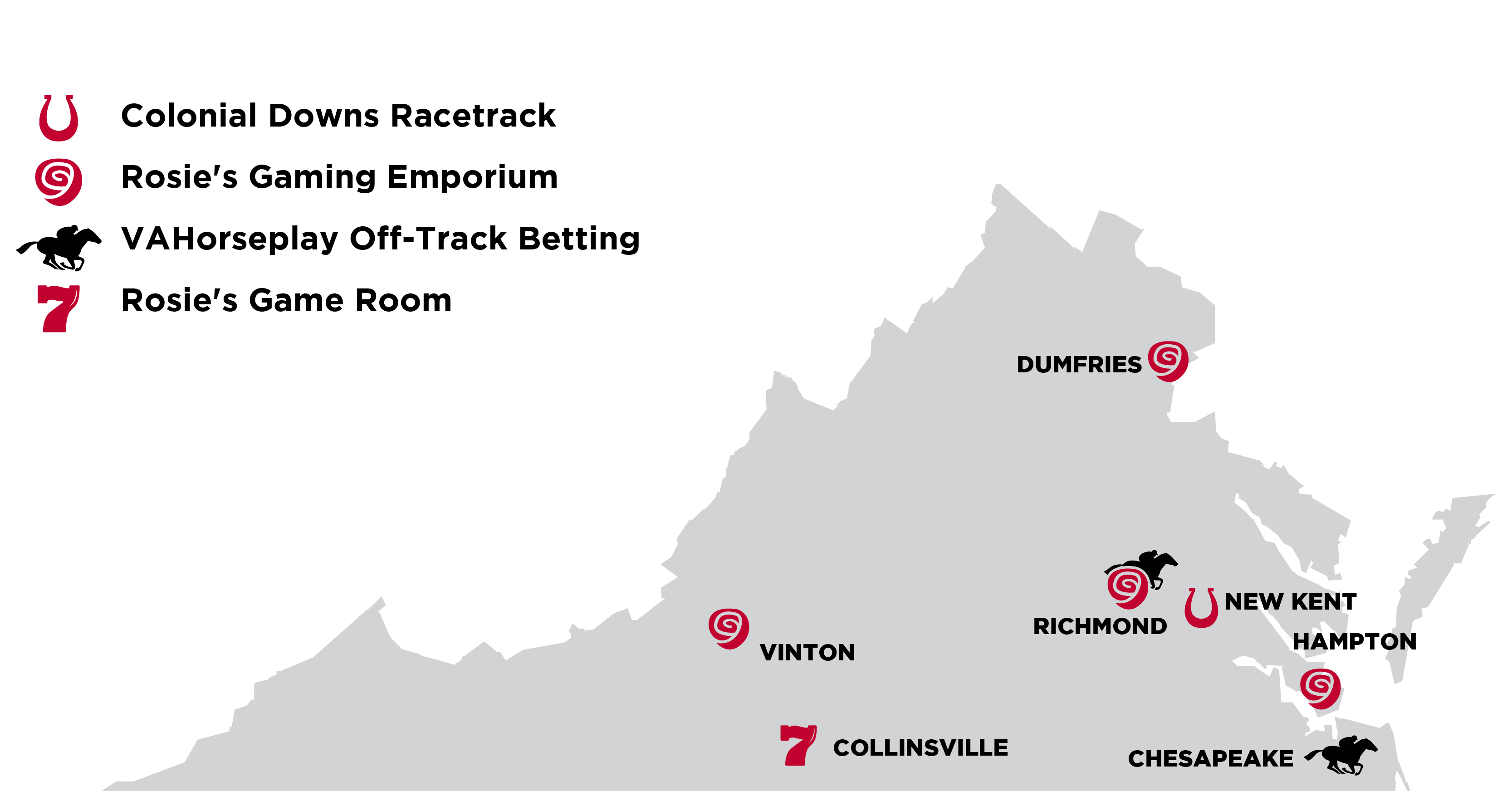 Map of Virginia that shows Rosie's and Off Track Betting locations