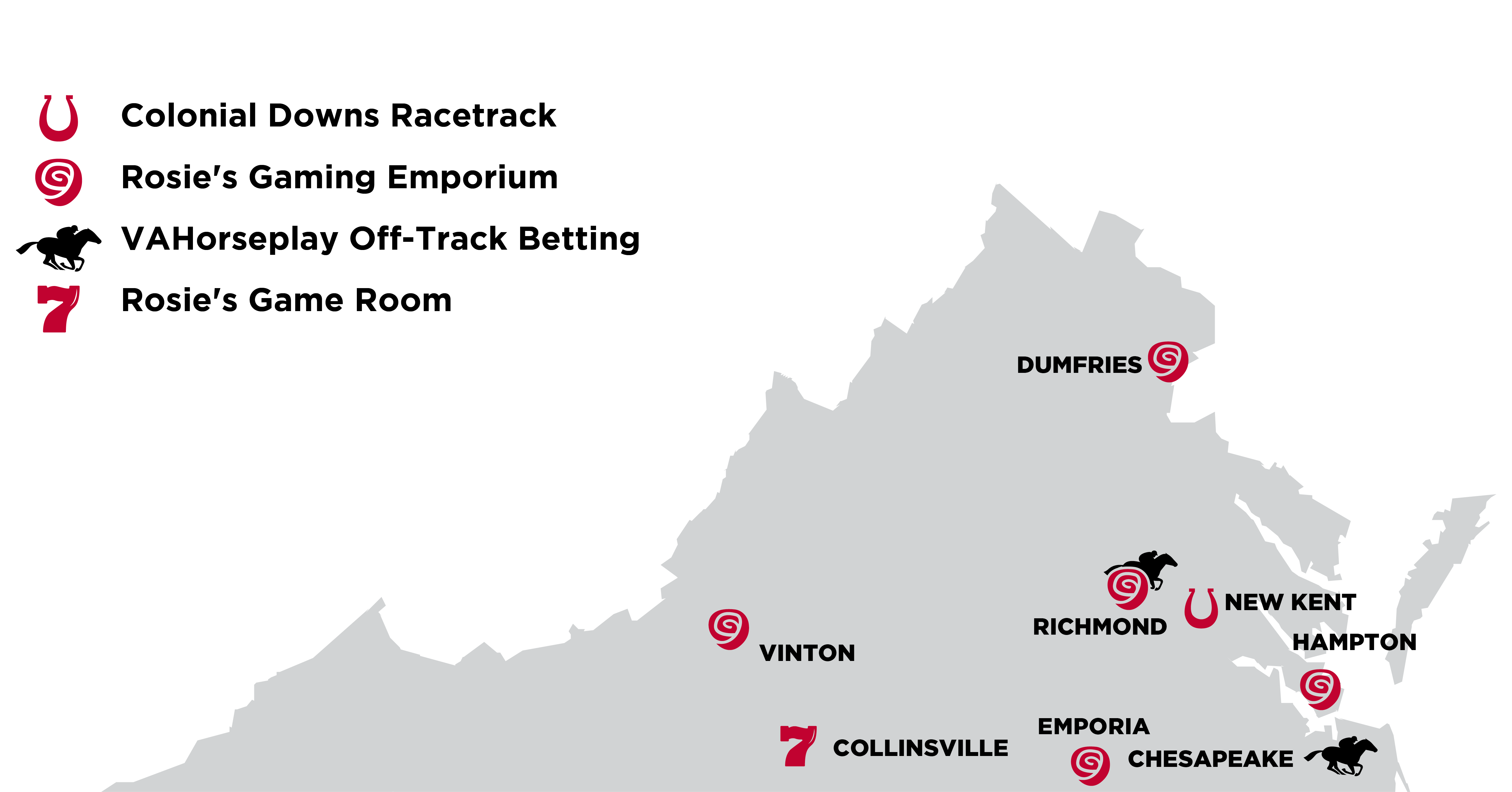 Map of Rosie's OTB locations in Virginia