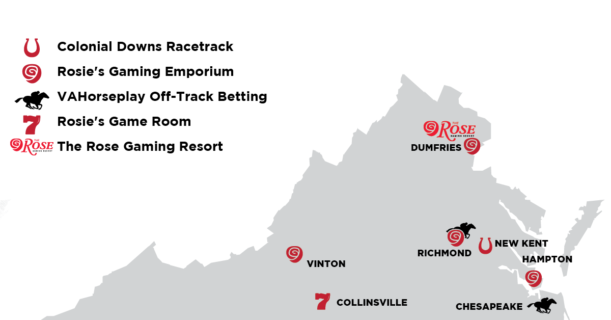 Map of Rosie's OTB locations in Virginia