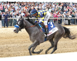 Battle of Rouge, with Flavien Prat aboard for trainer Bob Baffert, captured the $250,000 Virginia Oaks at Colonial Downs on March 14, 2026
